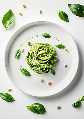 JPG 편집이미지 접시 파스타 사람없음 초록색 잣 바질 플레이팅 편집실사 AI포토 AI콘텐츠 식기 컬러 서양음식 견과류 상차림 CG 파일형식