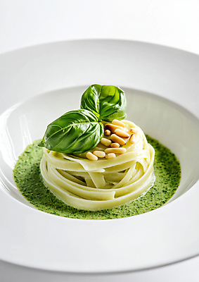 JPG 편집이미지 접시 잎 파스타 사람없음 초록색 잣 바질 플레이팅 편집실사 AI포토 AI콘텐츠 식물 식기 컬러 서양음식 견과류 상차림 CG 파일형식