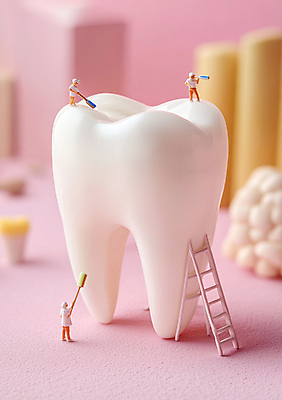 JPG 편집이미지 남자 분홍색 사다리 들기 성인 세명 건강관리 미니어처 치아 칫솔 안전모 청소 성인남자만 편집실사 AI포토 AI콘텐츠 컬러 모션 건강 관리 사람 위생용품 모형 도구 소화기관 헬멧 안전장비 CG 남자만 성인만 파일형식