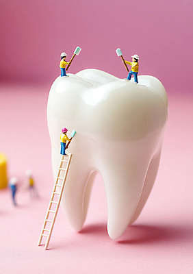 JPG 편집이미지 남자 분홍색 사다리 들기 성인 세명 건강관리 미니어처 치아 칫솔 청소 오르기 성인남자만 편집실사 AI포토 AI콘텐츠 컬러 모션 건강 관리 사람 위생용품 모형 도구 소화기관 CG 남자만 성인만 파일형식