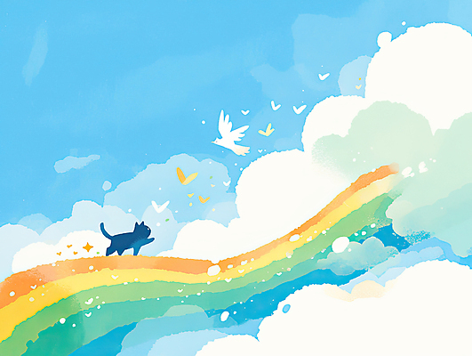 JPG 구름 별 무지개 일러스트 조류 하늘 풍경 사람없음 반짝임 반려동물 걷기 고양이 죽음 비둘기 무지개다리 추모 국내일러스트 AI일러스트 AI콘텐츠 자연요소 동물 포유류 모션 다리_건축물 파일형식