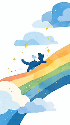 JPG 구름 별 무지개 날개 일러스트 하늘 풍경 사람없음 반짝임 반려동물 걷기 고양이 죽음 무지개다리 추모 국내일러스트 AI일러스트 AI콘텐츠 자연요소 동물 포유류 모션 다리_건축물 파일형식