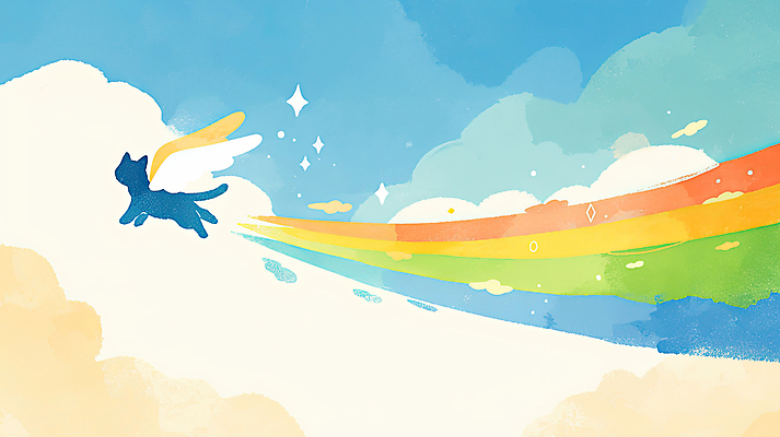 JPG 구름 별 무지개 날개 일러스트 하늘 풍경 사람없음 반짝임 반려동물 고양이 죽음 무지개다리 추모 국내일러스트 AI일러스트 AI콘텐츠 자연요소 동물 포유류 모션 다리_건축물 파일형식