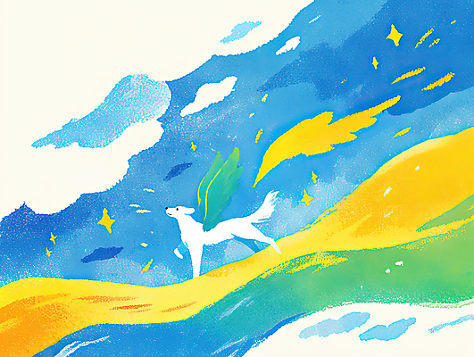 JPG 구름 별 무지개 날개 일러스트 하늘 풍경 사람없음 반짝임 반려동물 걷기 죽음 개 강아지 무지개다리 추모 국내일러스트 AI일러스트 AI콘텐츠 자연요소 동물 포유류 모션 다리_건축물 파일형식