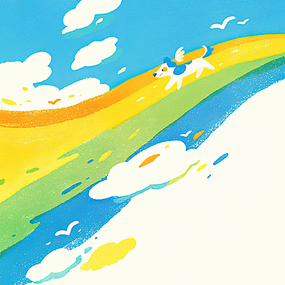 JPG 구름 무지개 날개 일러스트 조류 하늘 풍경 사람없음 반려동물 걷기 죽음 개 강아지 무지개다리 추모 국내일러스트 AI일러스트 AI콘텐츠 자연요소 동물 포유류 모션 다리_건축물 파일형식