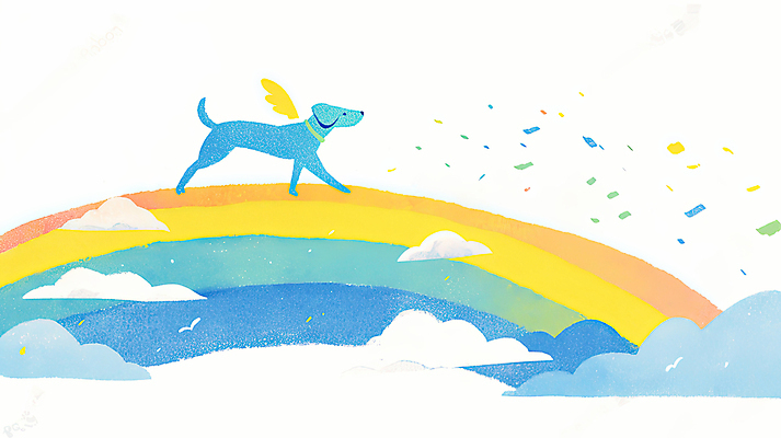 JPG 구름 꽃잎 무지개 날개 일러스트 하늘 풍경 사람없음 반려동물 죽음 개 강아지 무지개다리 추모 국내일러스트 AI일러스트 AI콘텐츠 자연요소 동물 꽃 포유류 다리_건축물 파일형식