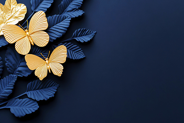 JPG 편집 편집이미지 나비 잎 사람없음 파란색 황금 이미지 카피스페이스 편집실사 AI포토 AI콘텐츠 식물 컬러 곤충 공백 CG 파일형식