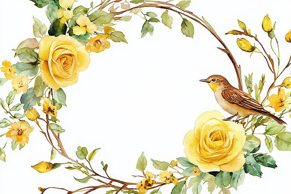 JPG 꽃 잎 일러스트 조류 수채화 프레임 사람없음 장미 노란색 화환 나뭇가지 카피스페이스 국내일러스트 AI일러스트 AI콘텐츠 나무 식물 동물 컬러 공백 파일형식