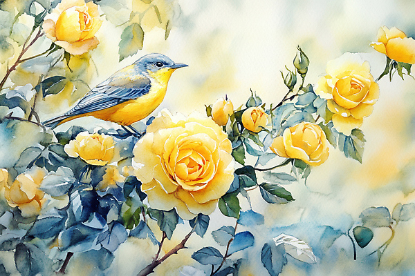 JPG 꽃 잎 일러스트 자연 조류 수채화 사람없음 파란색 장미 나뭇가지 국내일러스트 AI일러스트 AI콘텐츠 나무 식물 동물 컬러 생태계 파일형식