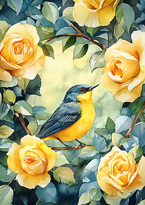 JPG 꽃 잎 일러스트 자연 조류 수채화 사람없음 장미 노란색 나뭇가지 국내일러스트 AI일러스트 AI콘텐츠 나무 식물 동물 컬러 생태계 파일형식