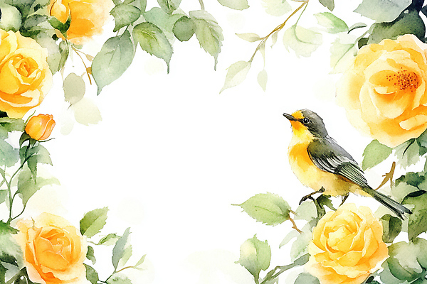 JPG 꽃 잎 일러스트 조류 수채화 프레임 사람없음 장미 노란색 나뭇가지 카피스페이스 국내일러스트 AI일러스트 AI콘텐츠 나무 식물 동물 컬러 공백 파일형식