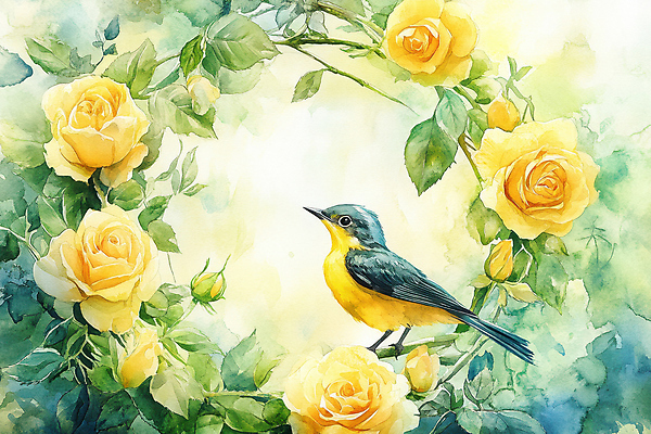 JPG 꽃 잎 일러스트 자연 조류 수채화 사람없음 장미 노란색 나뭇가지 국내일러스트 AI일러스트 AI콘텐츠 나무 식물 동물 컬러 생태계 파일형식