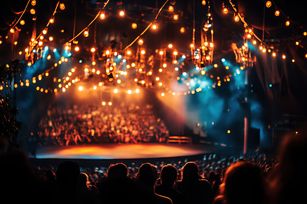 JPG 편집이미지 여자 남자 여러명 성인 빛 축제 공연 무대 화려 군중 야간 서커스 즐거움 알전구 성인만 편집실사 AI인물포토 AI콘텐츠 자연요소 감정 다수 컨셉 전구 사람 이벤트 CG 파일형식 AI포토