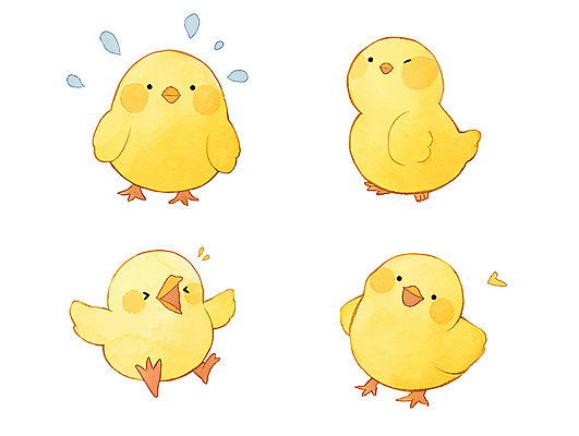 PSD 응시 일러스트 팔벌리기 수채화 병아리 윙크 입벌림 사람없음 노란색 점프 하트 손그림 땀흘리기 국내일러스트 모양 시선 컬러 컨셉 모션 조류 표정 파일형식