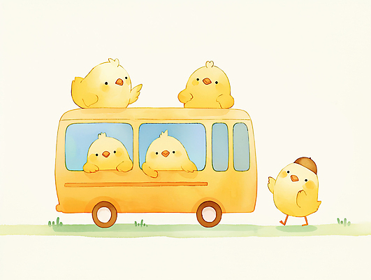 PSD 모자 일러스트 수채화 병아리 잔디 사람없음 노란색 손들기 풀 승차 스쿨버스 손그림 국내일러스트 식물 잡화 컬러 모션 조류 버스 파일형식