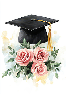 JPG 잎 일러스트 학사모 졸업 수채화 사람없음 장미 축하 번짐 국내일러스트 AI일러스트 AI콘텐츠 식물 모자_잡화 교육 꽃 컨셉 파일형식 효과
