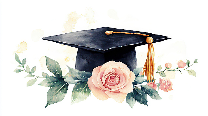 JPG 잎 일러스트 학사모 졸업 수채화 사람없음 장미 축하 번짐 국내일러스트 AI일러스트 AI콘텐츠 식물 모자_잡화 교육 꽃 컨셉 파일형식 효과