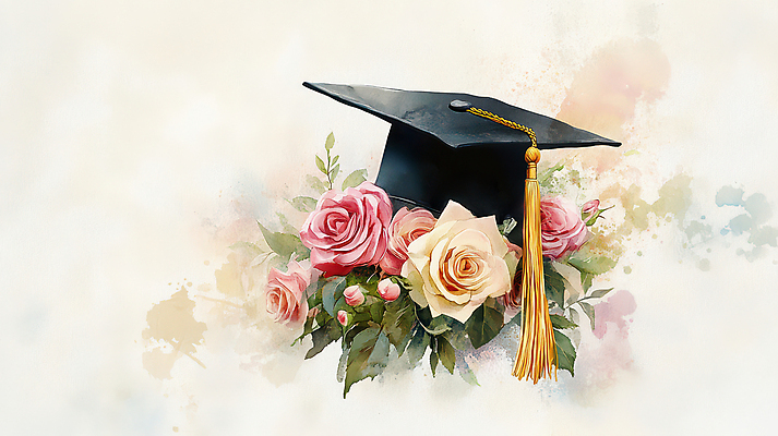 JPG 잎 일러스트 학사모 졸업 수채화 사람없음 장미 축하 번짐 국내일러스트 AI일러스트 AI콘텐츠 식물 모자_잡화 교육 꽃 컨셉 파일형식 효과