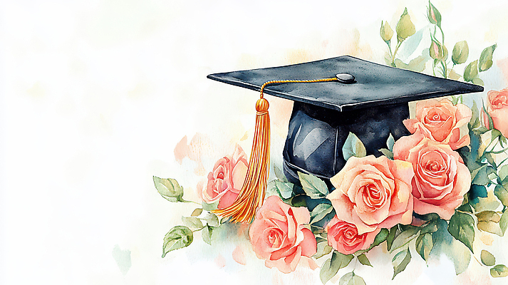 JPG 잎 일러스트 학사모 졸업 수채화 사람없음 장미 축하 번짐 국내일러스트 AI일러스트 AI콘텐츠 식물 모자_잡화 교육 꽃 컨셉 파일형식 효과