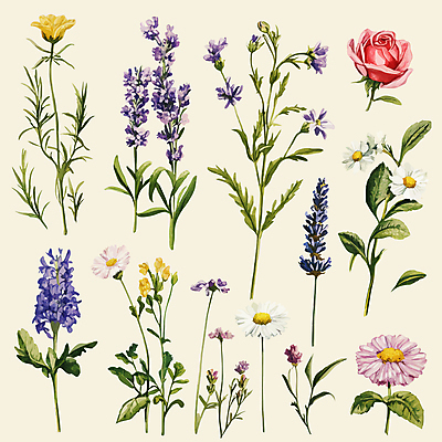 잎 일러스트 수채화 국화 사람없음 장미 빈티지 데이지 라벤더 엘리먼트 국내일러스트 AI파일 식물 꽃 컨셉 허브 파일형식 벡터