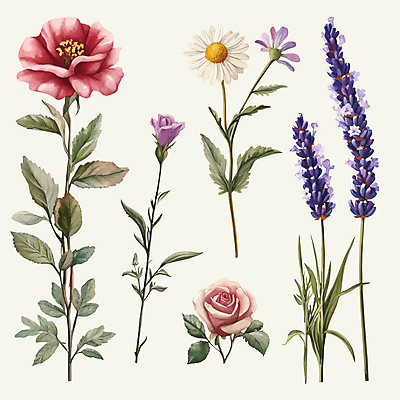 잎 일러스트 수채화 국화 사람없음 장미 빈티지 데이지 라벤더 엘리먼트 국내일러스트 AI파일 식물 꽃 컨셉 허브 파일형식 벡터