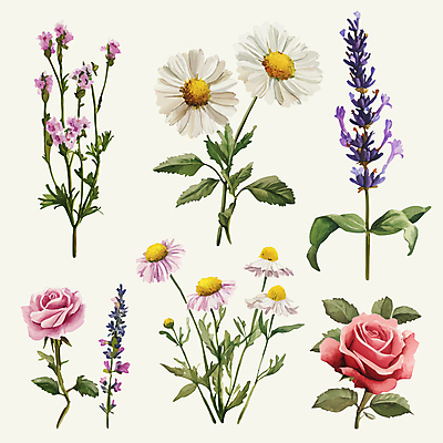 잎 일러스트 수채화 국화 사람없음 장미 빈티지 데이지 라벤더 엘리먼트 국내일러스트 AI파일 식물 꽃 컨셉 허브 파일형식 벡터