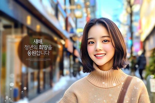 PSD 편집이미지 여자 응원 새해 거리 한명 미소 성인 희망 보케 의료성형뷰티 성인여자한명만 2025년 을사년 이미지편집 편집실사 1 감정 표정 사람 연도 CG 여자한명만 성인여자만 파일형식