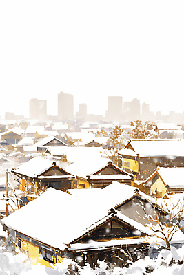 JPG 나무 겨울 일러스트 한옥 사람없음 마을 쌓인눈 눈내림 눈덮임 국내일러스트 AI일러스트 AI콘텐츠 식물 한국전통 계절 컨셉 고건축 눈_날씨 파일형식