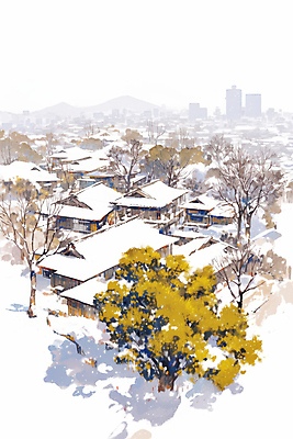 JPG 나무 겨울 일러스트 산 한옥 그림자 사람없음 마을 쌓인눈 눈내림 눈덮임 국내일러스트 AI일러스트 AI콘텐츠 식물 한국전통 계절 컨셉 고건축 눈_날씨 파일형식