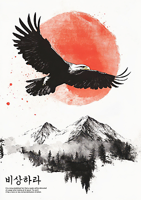 PSD 나무 템플릿 붓터치 산 사람없음 빨간색 태양 비행 동양화 독수리 이미지템플릿 자연요소 식물 컬러 조류 미술 파일형식