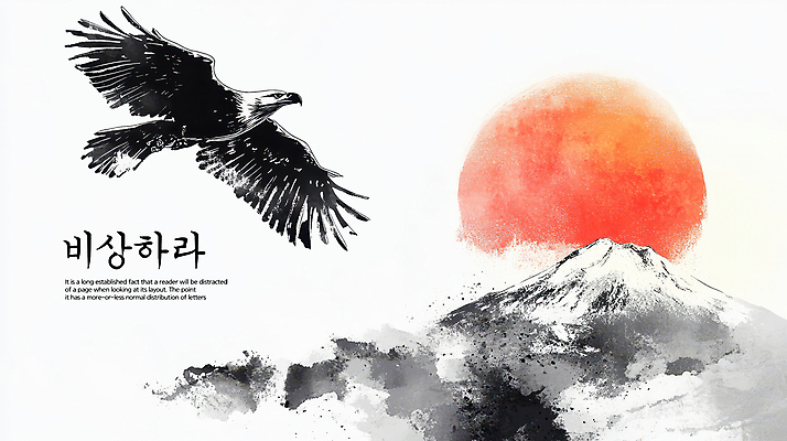 PSD 템플릿 붓터치 산 사람없음 빨간색 태양 비행 동양화 독수리 이미지템플릿 자연요소 컬러 조류 미술 파일형식