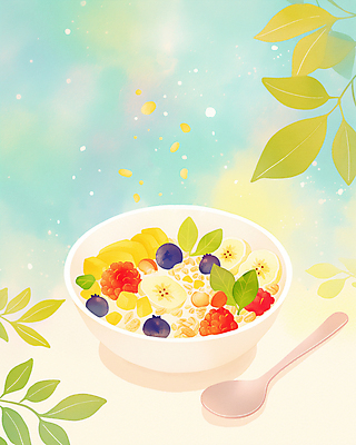 JPG 그릇 잎 과일 일러스트 수채화 사람없음 컬러풀 숟가락 시리얼 번짐 국내일러스트 AI일러스트 AI콘텐츠 식물 식기 음식 컬러 수저 파일형식 효과