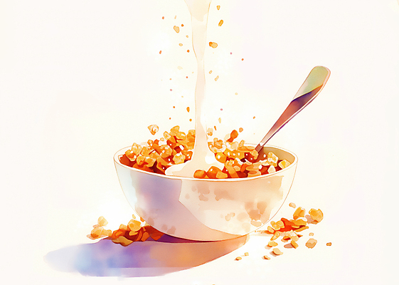 JPG 그릇 일러스트 수채화 그림자 사람없음 빛 숟가락 우유 붓기 시리얼 번짐 국내일러스트 AI일러스트 AI콘텐츠 식기 음식 모션 유제품 수저 파일형식 효과