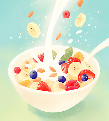 JPG 그릇 과일 일러스트 수채화 사람없음 파란색 우유 붓기 시리얼 번짐 국내일러스트 AI일러스트 AI콘텐츠 식기 음식 컬러 모션 유제품 파일형식 효과