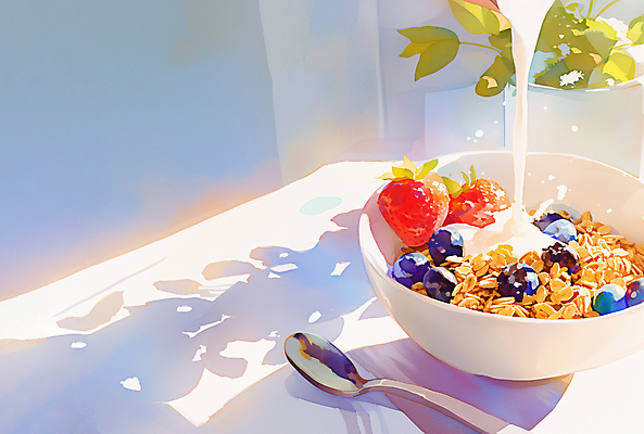 JPG 식물 그릇 화분 일러스트 딸기 수채화 그림자 사람없음 빛 숟가락 우유 붓기 시리얼 블루베리 번짐 국내일러스트 AI일러스트 AI콘텐츠 식기 음식 과일 모션 유제품 수저 파일형식 효과