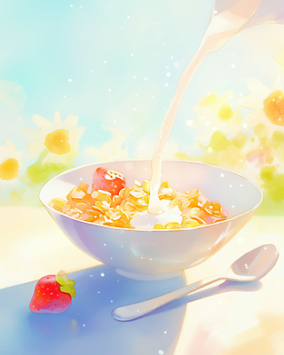 JPG 그릇 꽃 일러스트 딸기 수채화 그림자 사람없음 빛 숟가락 우유 붓기 시리얼 번짐 국내일러스트 AI일러스트 AI콘텐츠 식물 식기 음식 과일 모션 유제품 수저 파일형식 효과