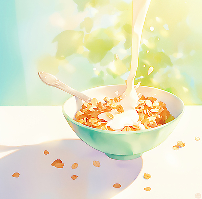 JPG 식물 그릇 일러스트 수채화 그림자 사람없음 초록색 빛 숟가락 우유 붓기 시리얼 번짐 국내일러스트 AI일러스트 AI콘텐츠 식기 음식 컬러 모션 유제품 수저 파일형식 효과