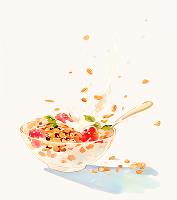 JPG 과일 일러스트 수채화 그림자 사람없음 숟가락 우유 시리얼 번짐 유리그릇 국내일러스트 AI일러스트 AI콘텐츠 그릇 음식 유리 유제품 수저 파일형식 효과
