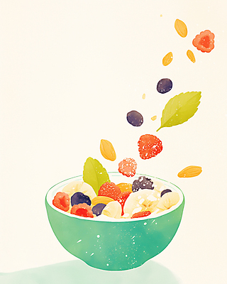 JPG 그릇 잎 과일 일러스트 수채화 그림자 사람없음 시리얼 번짐 국내일러스트 AI일러스트 AI콘텐츠 식물 식기 음식 파일형식 효과