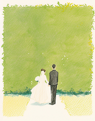 JPG 전신 여자 남자 꽃다발 웨딩드레스 결혼 백그라운드 일러스트 색연필 면사포 들기 풍경 정장 잔디 성인 두명 손잡기 로맨틱 성인만 국내일러스트 AI일러스트 AI콘텐츠 식물 드레스 옷 꽃 컨셉 모션 학용품 사람 이벤트 결혼소품 파일형식