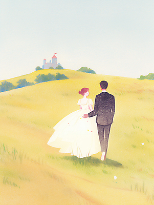 JPG 전신 여자 남자 웨딩드레스 결혼 백그라운드 일러스트 색연필 풍경 정장 잔디 성인 두명 걷기 로맨틱 성 언덕 성인만 국내일러스트 AI일러스트 AI콘텐츠 식물 건축물 드레스 옷 컨셉 모션 학용품 사람 이벤트 파일형식