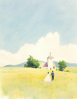 JPG 전신 구름 여자 남자 웨딩드레스 결혼 백그라운드 일러스트 색연필 풍경 정장 잔디 성인 두명 교회 걷기 손잡기 로맨틱 성인만 국내일러스트 AI일러스트 AI콘텐츠 자연요소 식물 드레스 옷 컨셉 종교건축 모션 학용품 사람 이벤트 건물 파일형식