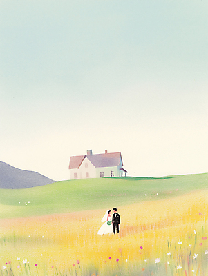 JPG 전신 여자 남자 꽃다발 웨딩드레스 결혼 백그라운드 일러스트 색연필 산 주택 면사포 들기 풍경 정장 잔디 성인 두명 마주보기 손잡기 로맨틱 성인만 국내일러스트 AI일러스트 AI콘텐츠 식물 드레스 옷 꽃 컨셉 모션 학용품 사람 이벤트 건물 결혼소품 파일형식