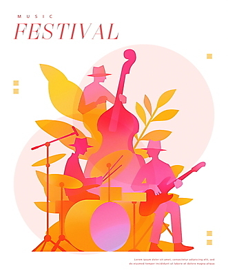 전신 PSD 여자 남자 포스터 분홍색 잎 연주 일러스트 협력 앉기 성인 세명 콘서트 음악가 무대 기타 밴드 드럼 콘트라베이스 성인만 국내일러스트 식물 직업 음악 컬러 모션 현악기 타악기 사람 공연 파일형식