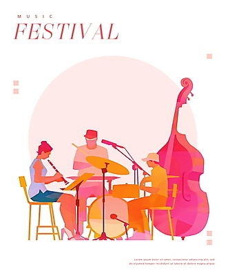 전신 PSD 여자 남자 포스터 분홍색 연주 의자 일러스트 앉기 성인 두명 콘서트 음악가 무대 보면대 마이크 드럼 클라리넷 콘트라베이스 협연 성인만 국내일러스트 직업 음악 컬러 음향기기 가구 모션 현악기 타악기 사람 공연 목관악기 파일형식