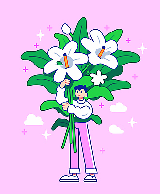 전신 남자 분홍색 꽃다발 일러스트 청소년 한명 들기 반짝임 백합 구름모양 십대남자한명만 국내일러스트 AI파일 모양 1 꽃 컬러 모션 사람 남자한명만 십대남자만 파일형식 벡터 구름_자연