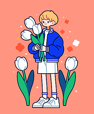 전신 구름 남자 꽃다발 일러스트 청소년 한명 들기 반짝임 주황색 튤립 십대남자한명만 국내일러스트 AI파일 자연요소 1 꽃 컬러 모션 사람 남자한명만 십대남자만 파일형식 벡터