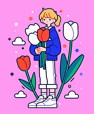 전신 여자 분홍색 꽃다발 일러스트 청소년 한명 들기 튤립 구름모양 십대여자한명만 국내일러스트 AI파일 모양 1 꽃 컬러 모션 사람 여자한명만 십대여자만 파일형식 벡터 구름_자연