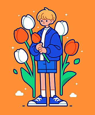 전신 남자 꽃다발 일러스트 청소년 한명 들기 반짝임 주황색 튤립 구름모양 십대남자한명만 국내일러스트 AI파일 모양 1 꽃 컬러 모션 사람 남자한명만 십대남자만 파일형식 벡터 구름_자연