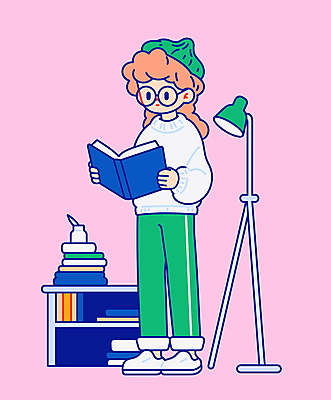 전신 여자 교육 어린이 분홍색 일러스트 조명 책장 한명 들기 소녀 책 독서 스탠드 집중 책상 비니 빵모자 책더미 소녀한명만 안경낌 국내일러스트 AI파일 모자_잡화 1 안경 컬러 가구 컨셉 모션 사람 무더기 여자한명만 소녀만 파일형식 벡터